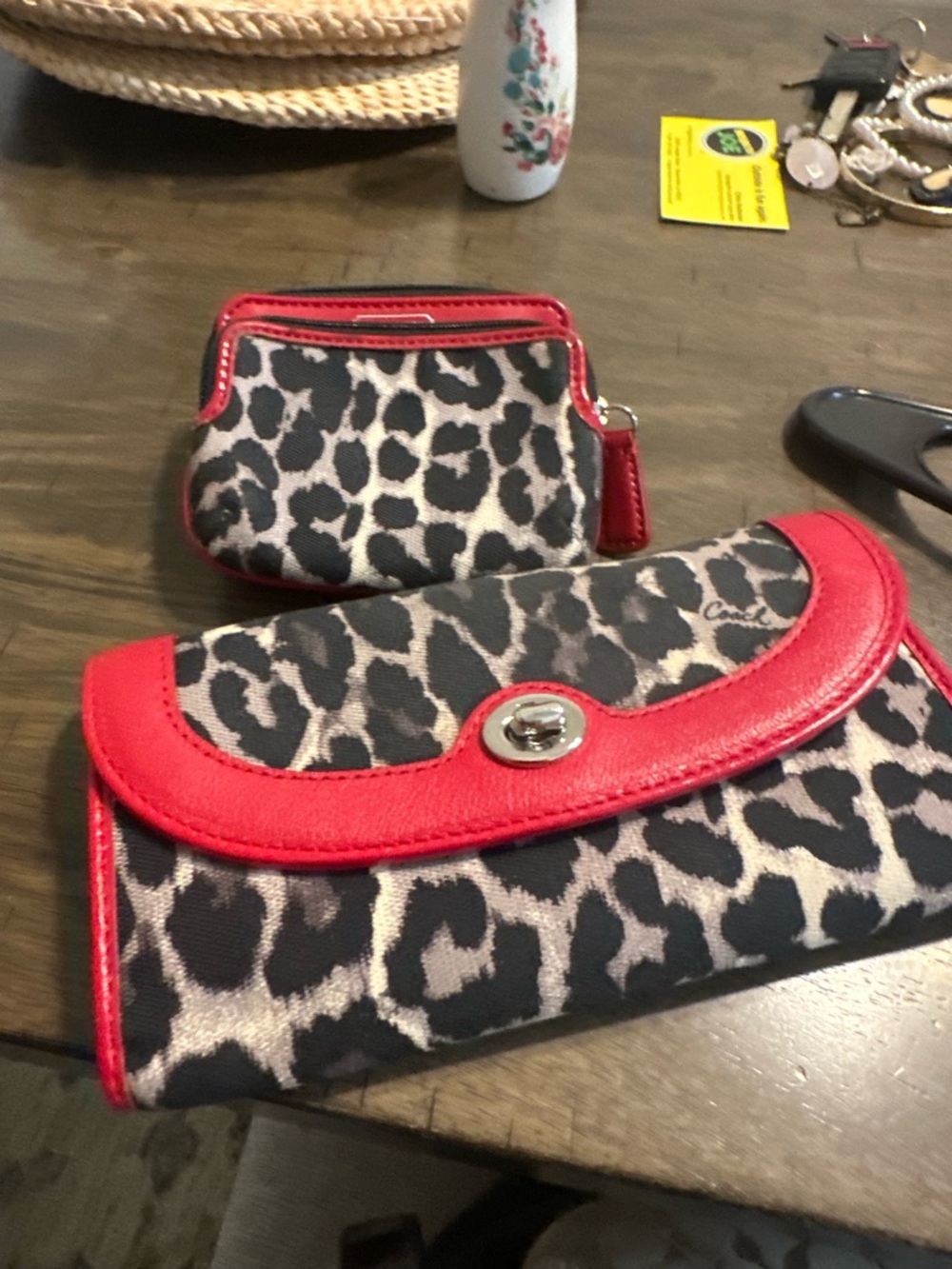 Coach Leopard Print Wallet and Coin Pouch with Red Trim